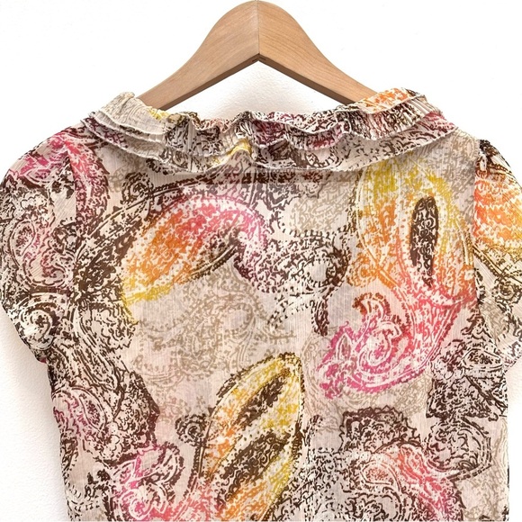 Sunny Leigh Y2K Sheer Crinkle Chiffon Ruffle Peplum Top Paisley Cream Multi PL - Picture 4 of 10